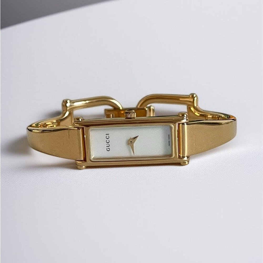 Vintage Gucci Gold-Tone Rectangular Bangle Watch Mother of Pearl Dial